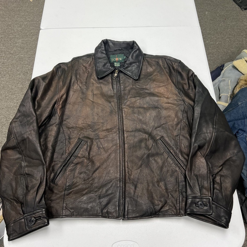 90s J.Crew Leather Jacket Mens L Brown Distressed Bomber Full Zip Point Collar